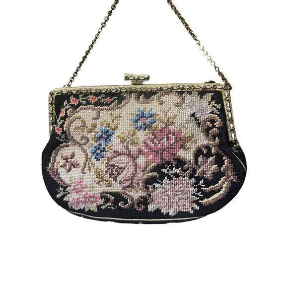 Vintage Petite Point Embroidered Needlepoint Floral Regency Core Petite Point Ha - Picture 1 of 10